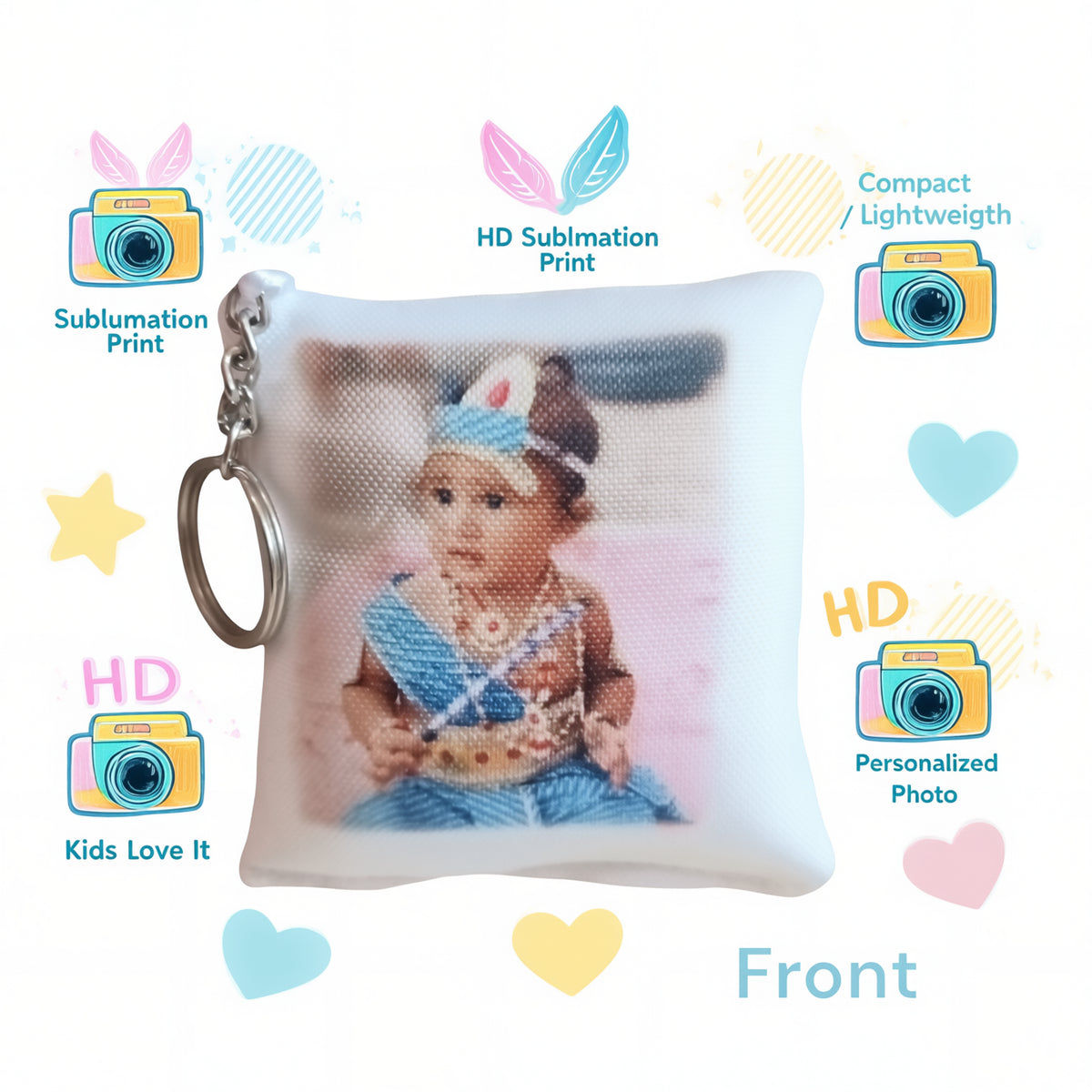 Personalised Pillow Keychain | Photo + Naam | Kids Gift