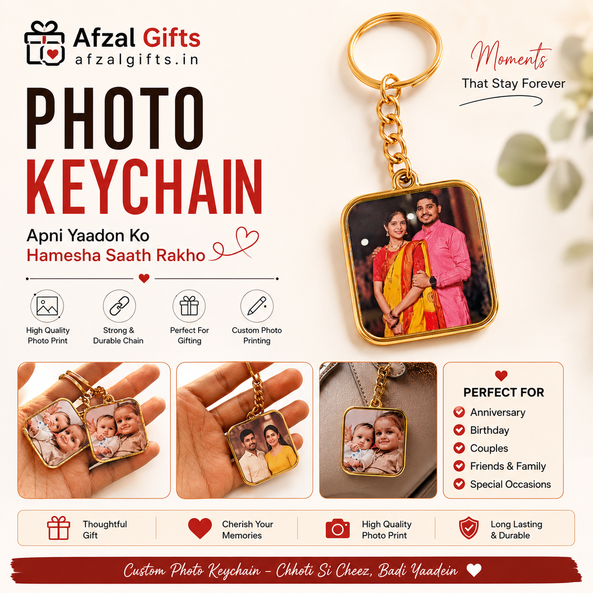 Custom photo keychain gift set by Afzal Gifts, featuring a gold-toned metal keychain with a square custom photo print. The main product display shows a man and woman in traditional South Asian attire, with smaller inset images demonstrating hands holding the keychain and a close-up of the printed photo.