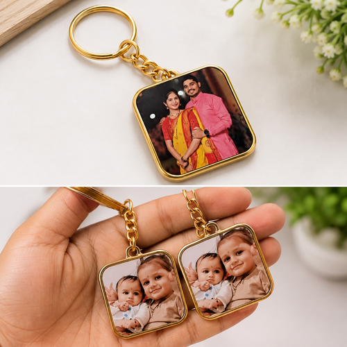 Golden Plated Double Side Photo Customizable Keychain