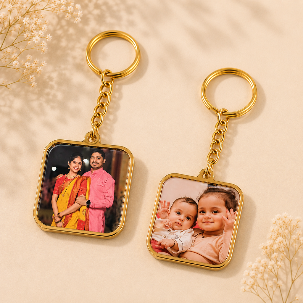 Golden Plated Double Side Photo Customizable Keychain